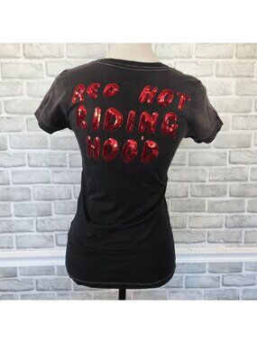 True Religion Cotton V-Neck Tee Red Sequin Red Hot Riding Hood Graphic Y2K S